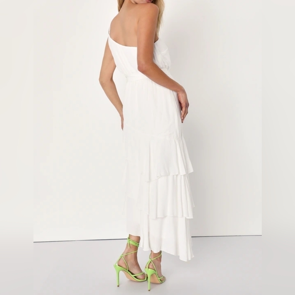 Lulus Slice Of Sunshine White One-Shoulder Asymmetrical Tiered Midi Dress, SMALL - Picture 3 of 11